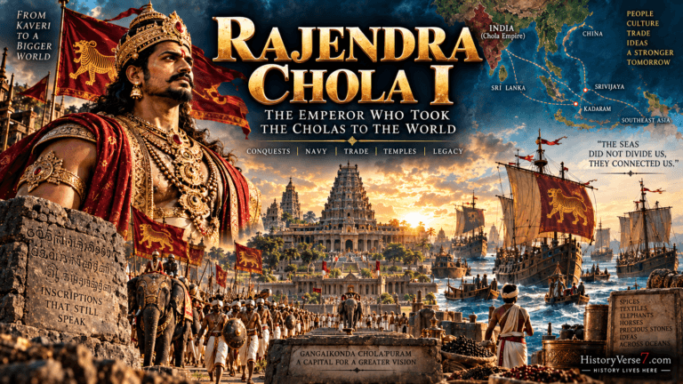 Rajendra Chola I with Chola temples, army and naval fleet