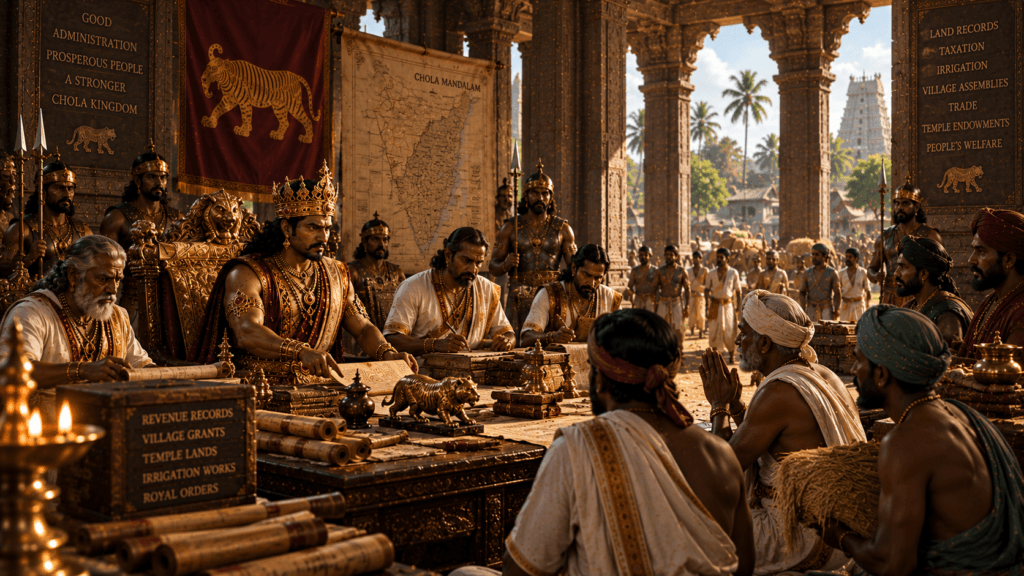 Uttama-Chola-overseeing-royal-administration-1024x576 Uttama Chola: 8 Powerful Truths About the Forgotten King Between Sundara Chola and Rajaraja Chola
